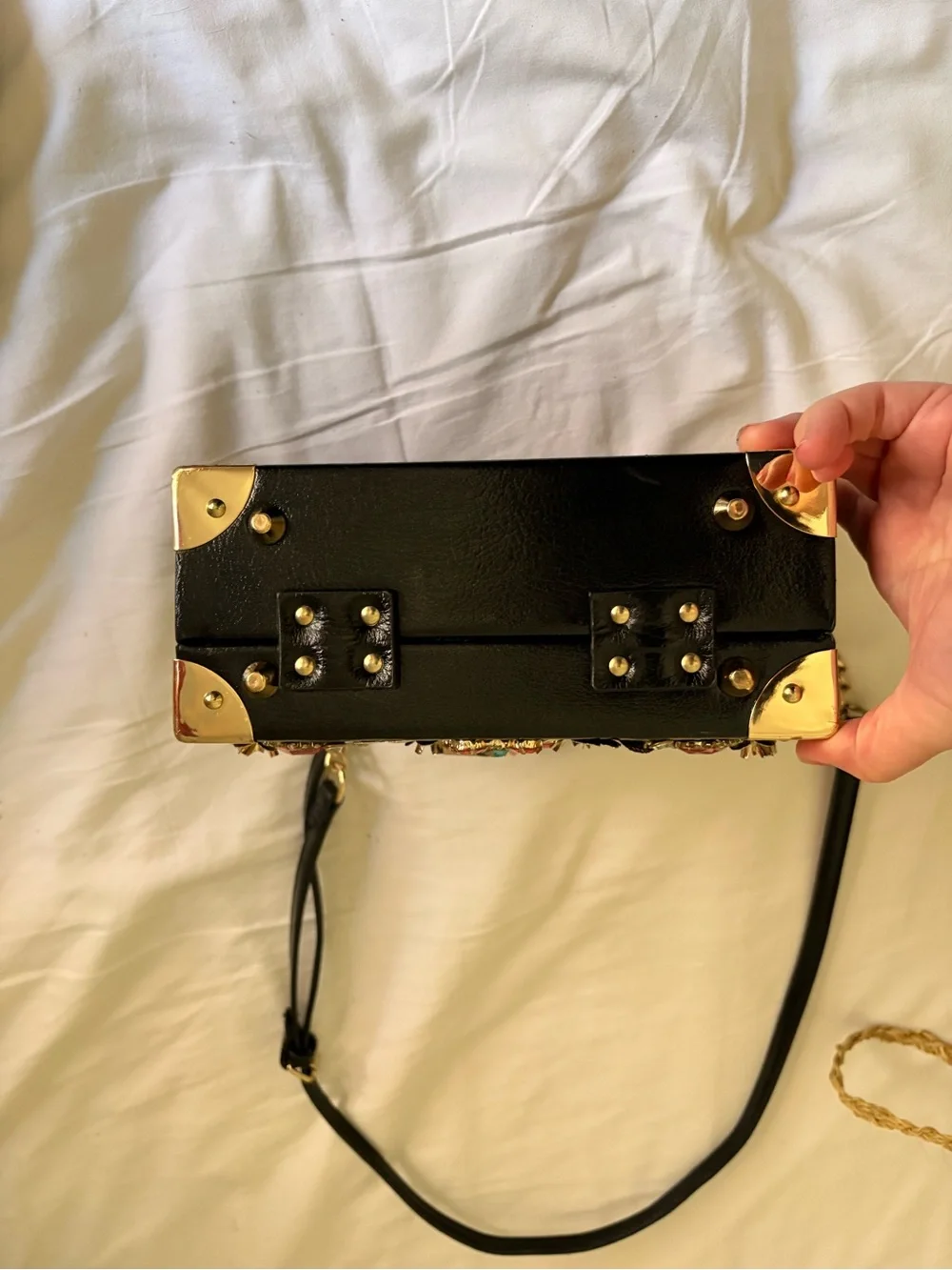 Embellished Black Floral Gem Box Bag - Designer Style - Picture 3 of 5